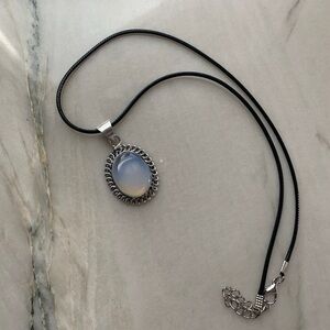 1916 Chic Silver and Black Necklace with Opalescent Pendant